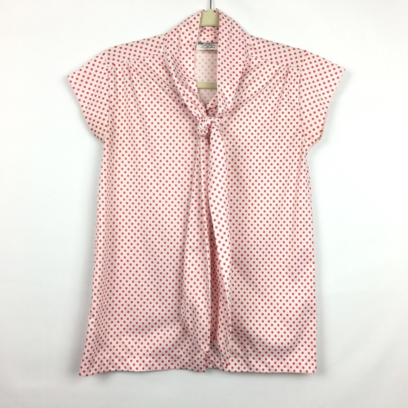 Tops - Vintage Sz 10 White Red Polka Dot Polyester Blouse